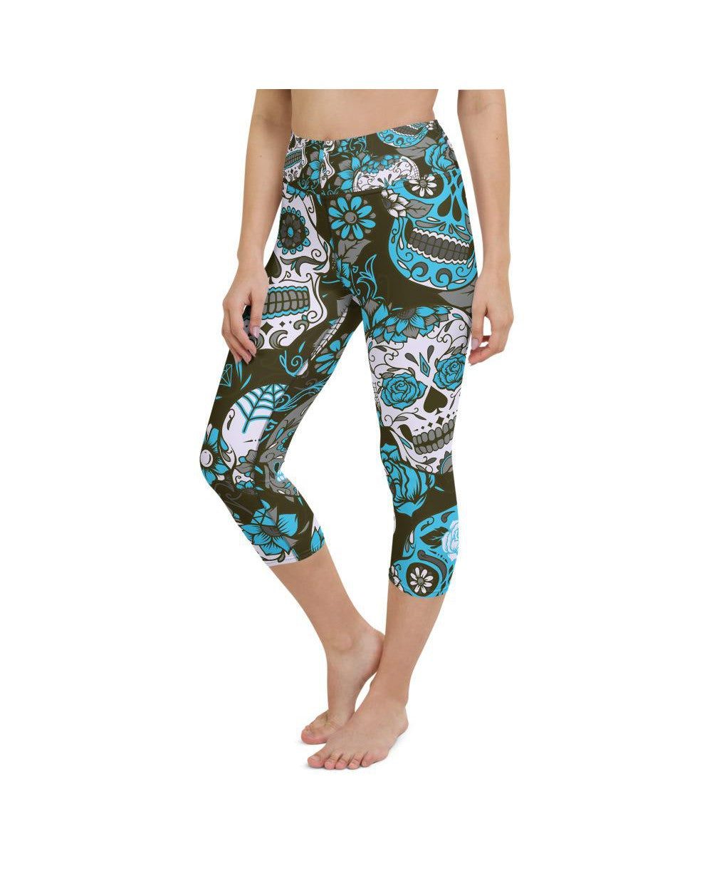Womens Yoga Capris Sky Blue Sugar Skull White/Grey | Gearbunch.com