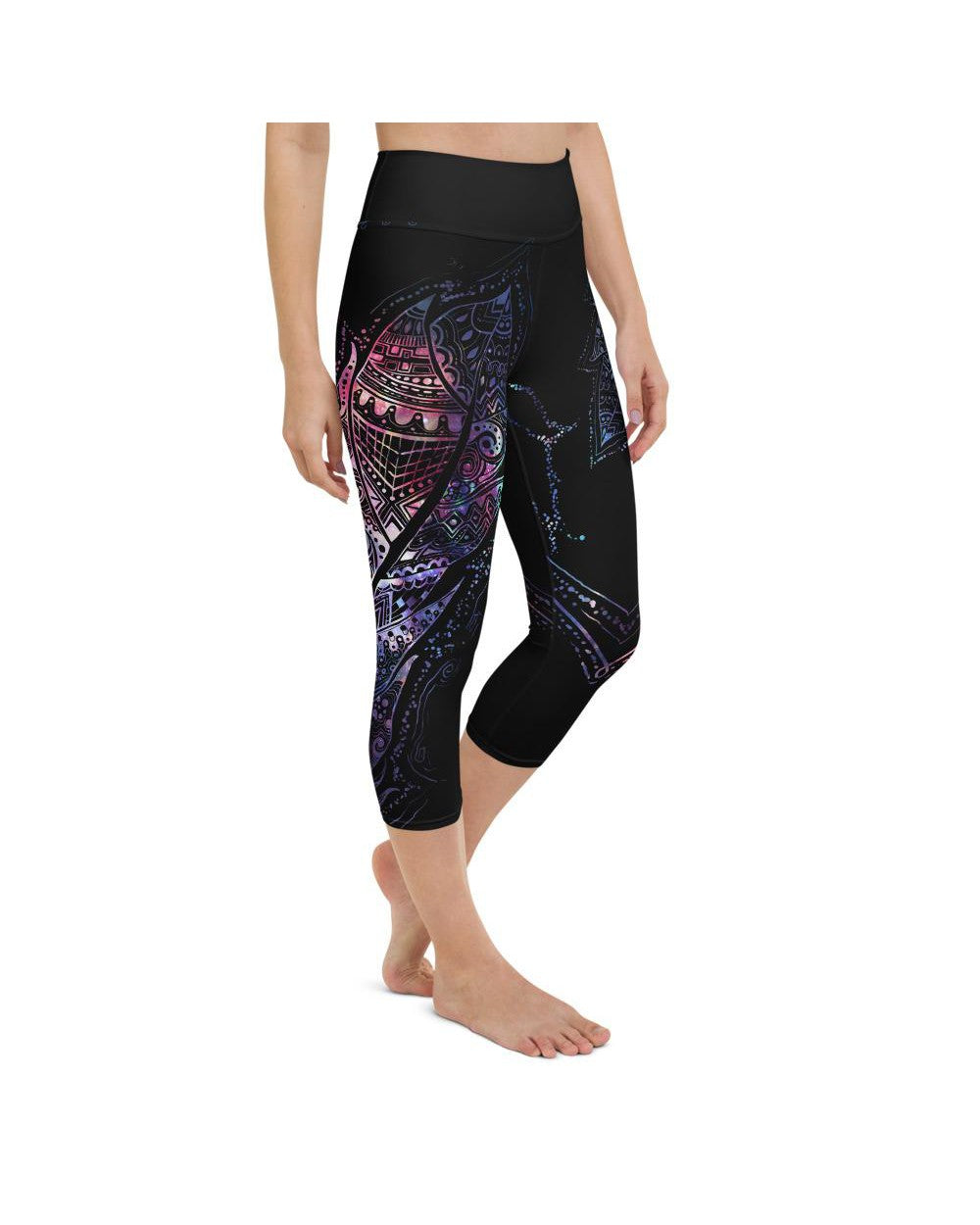 Womens Yoga Capris Mystic Feather Black/Blue/Purple | Gearbunch.com