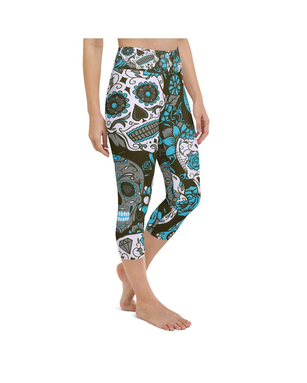 Womens Yoga Capris Sky Blue Sugar Skull White/Grey | Gearbunch.com