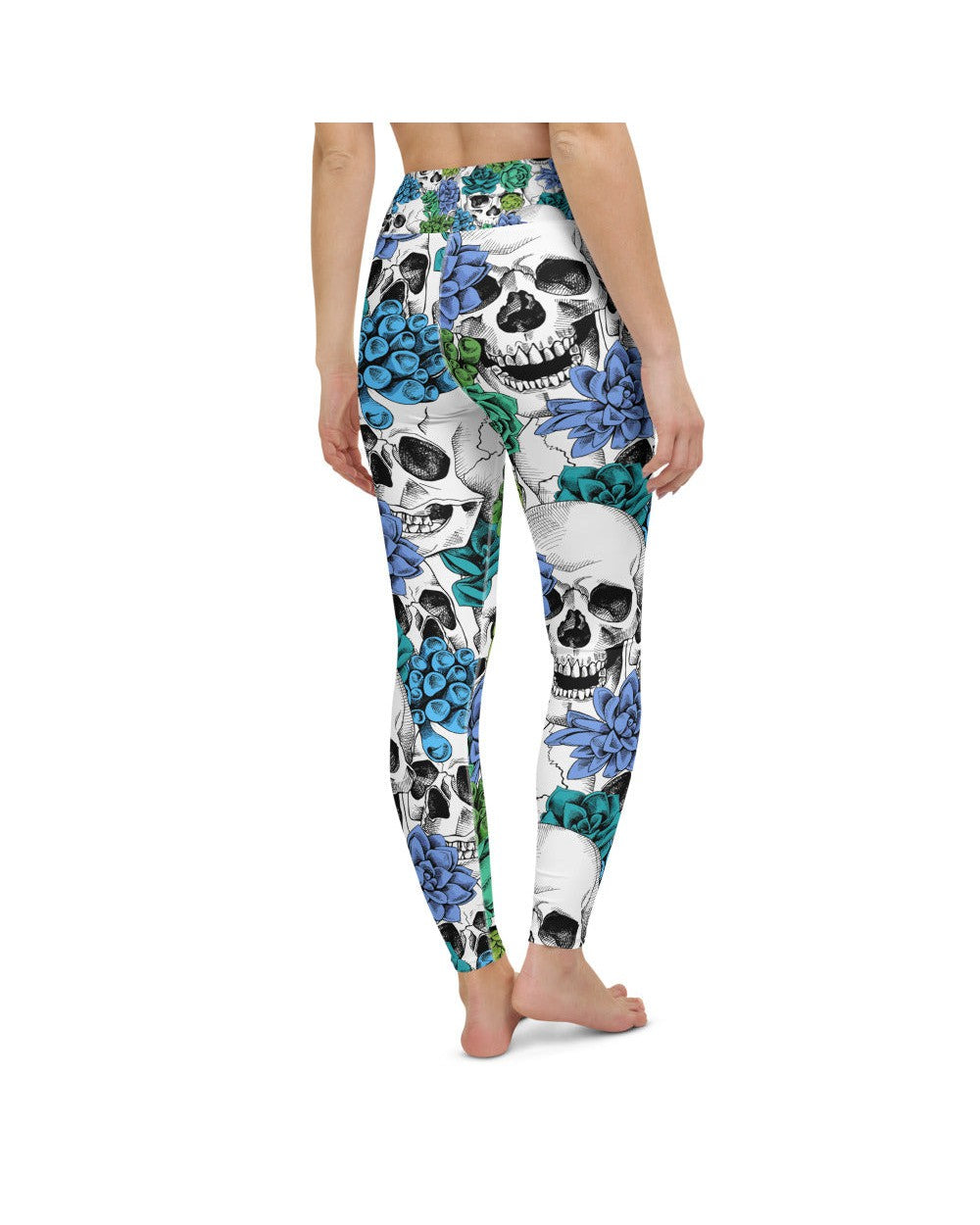 Womens Workout Yoga Pants Blue Floral Skulls White | Gearbunch.com