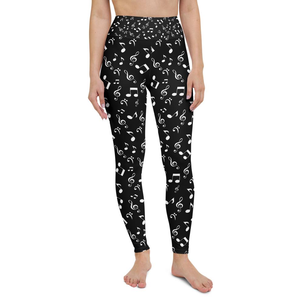 Women's music notes black printed leggings front view