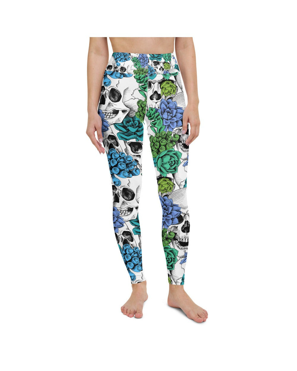Womens Workout Yoga Pants Blue Floral Skulls White | Gearbunch.com