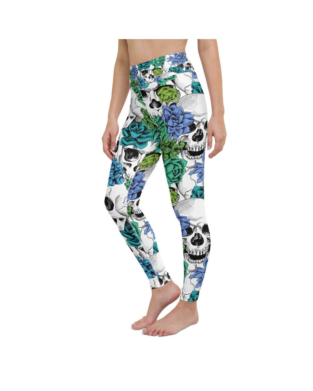 Womens Workout Yoga Pants Blue Floral Skulls White | Gearbunch.com