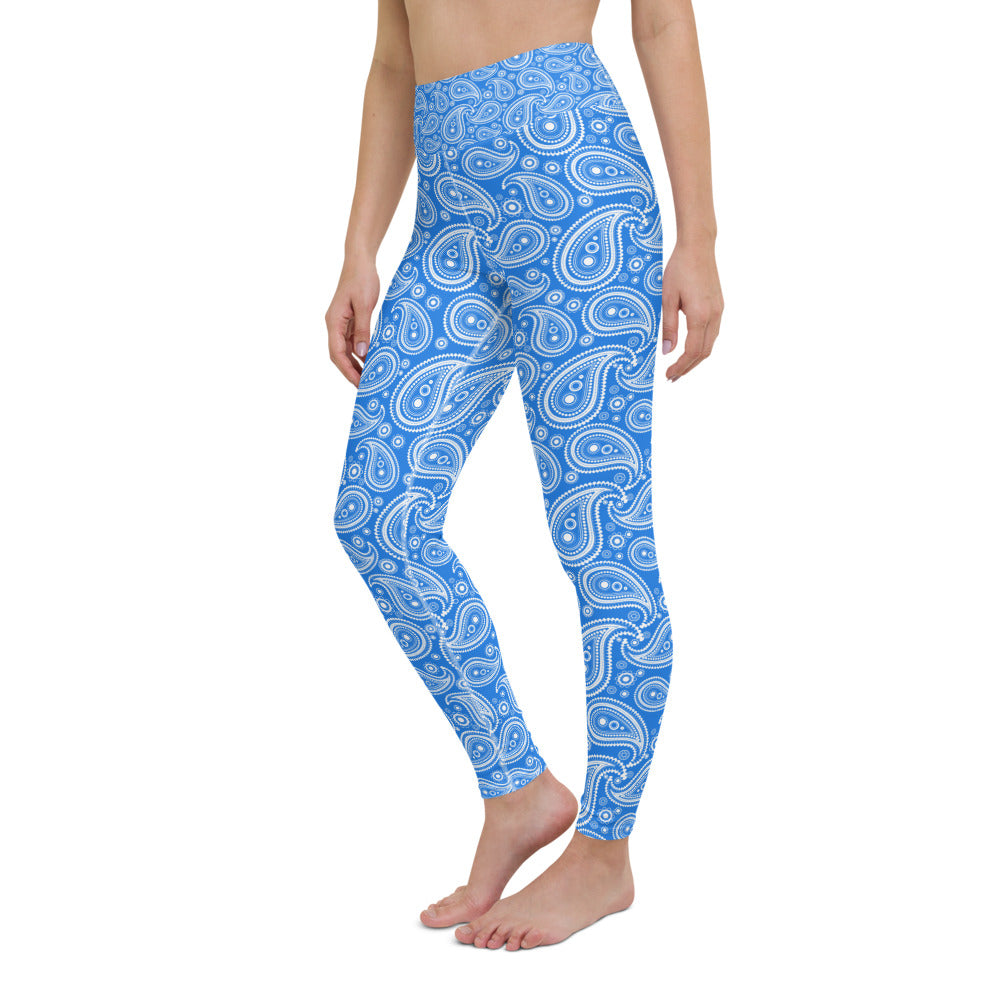 Womens Workout Yoga Pants Blue & White Paisley | Gearbunch.com