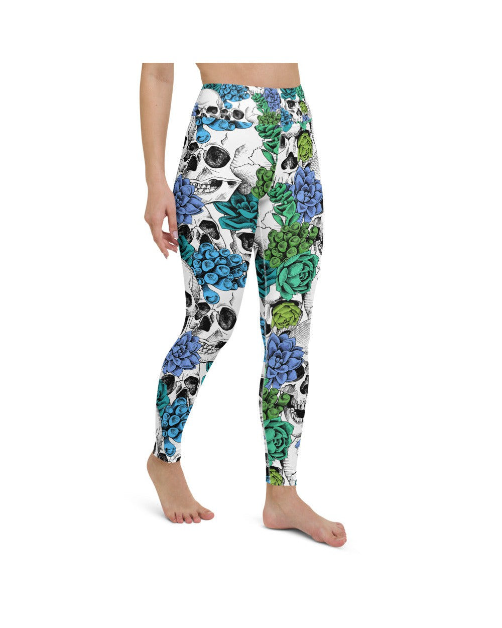 Womens Workout Yoga Pants Blue Floral Skulls White | Gearbunch.com