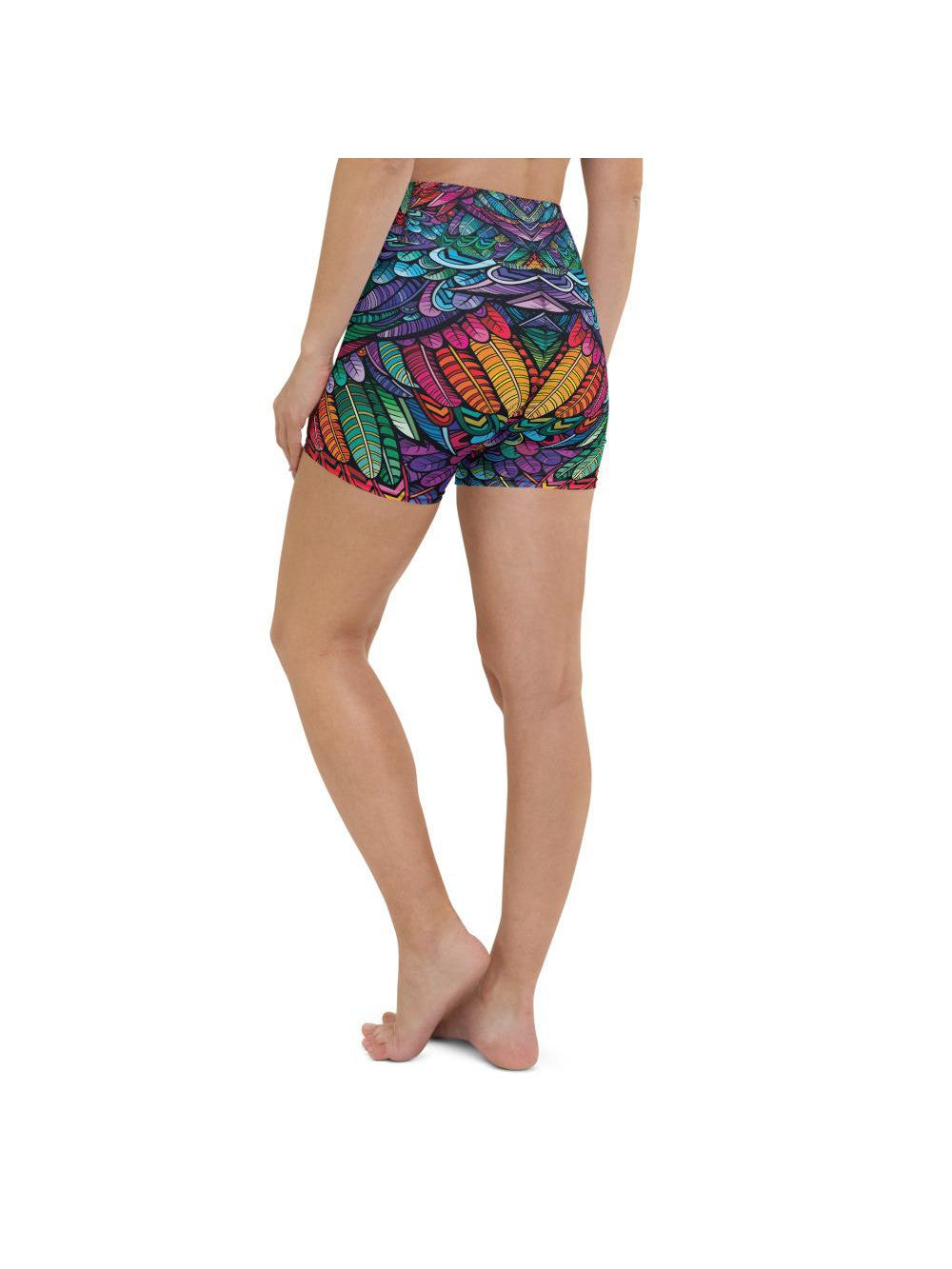 Womens Yoga Shorts Colorful Feathers Green/Purple/Red | Gearbunch.com