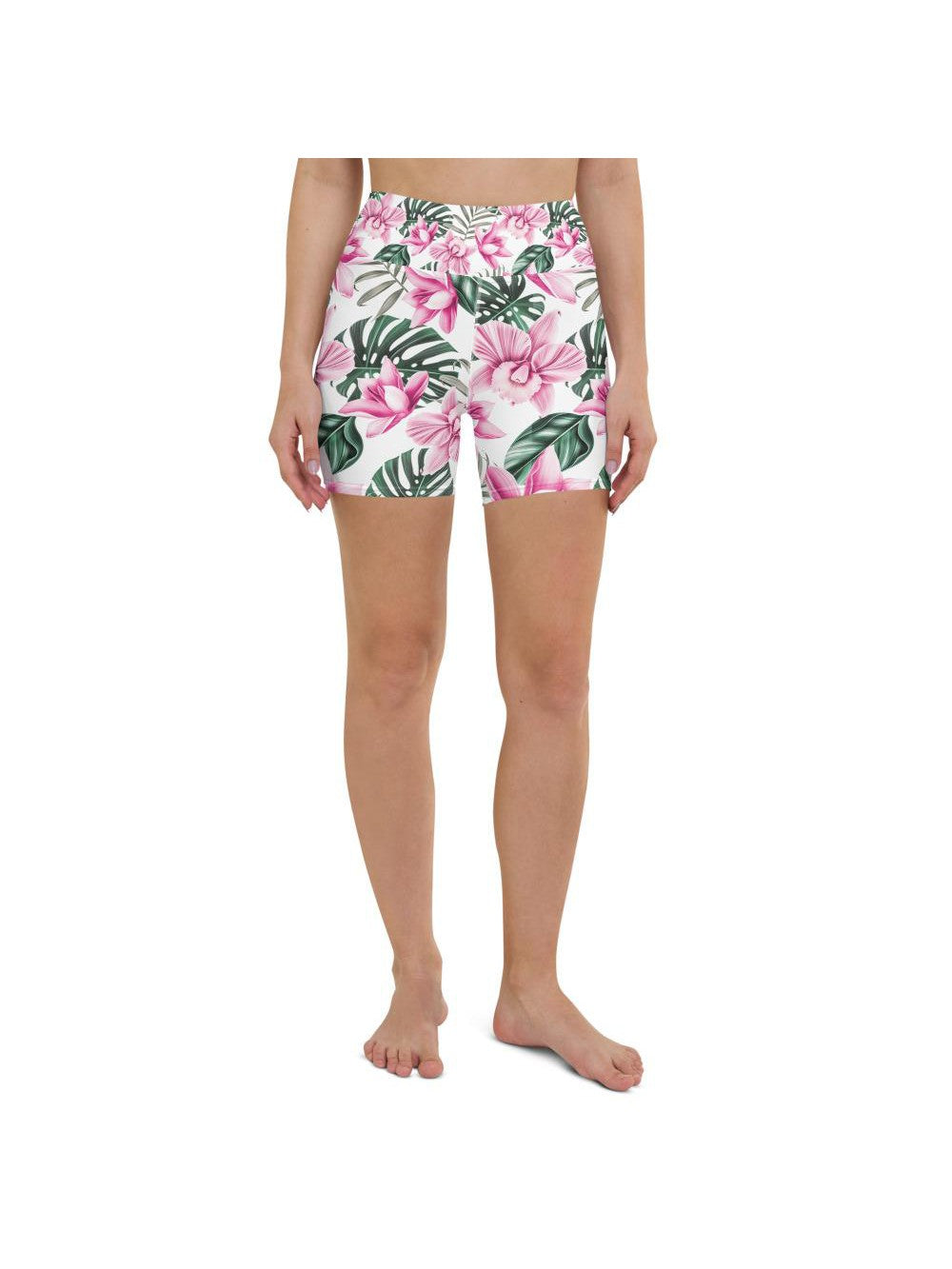Tropical Floral White Yoga Shorts Gearbunch