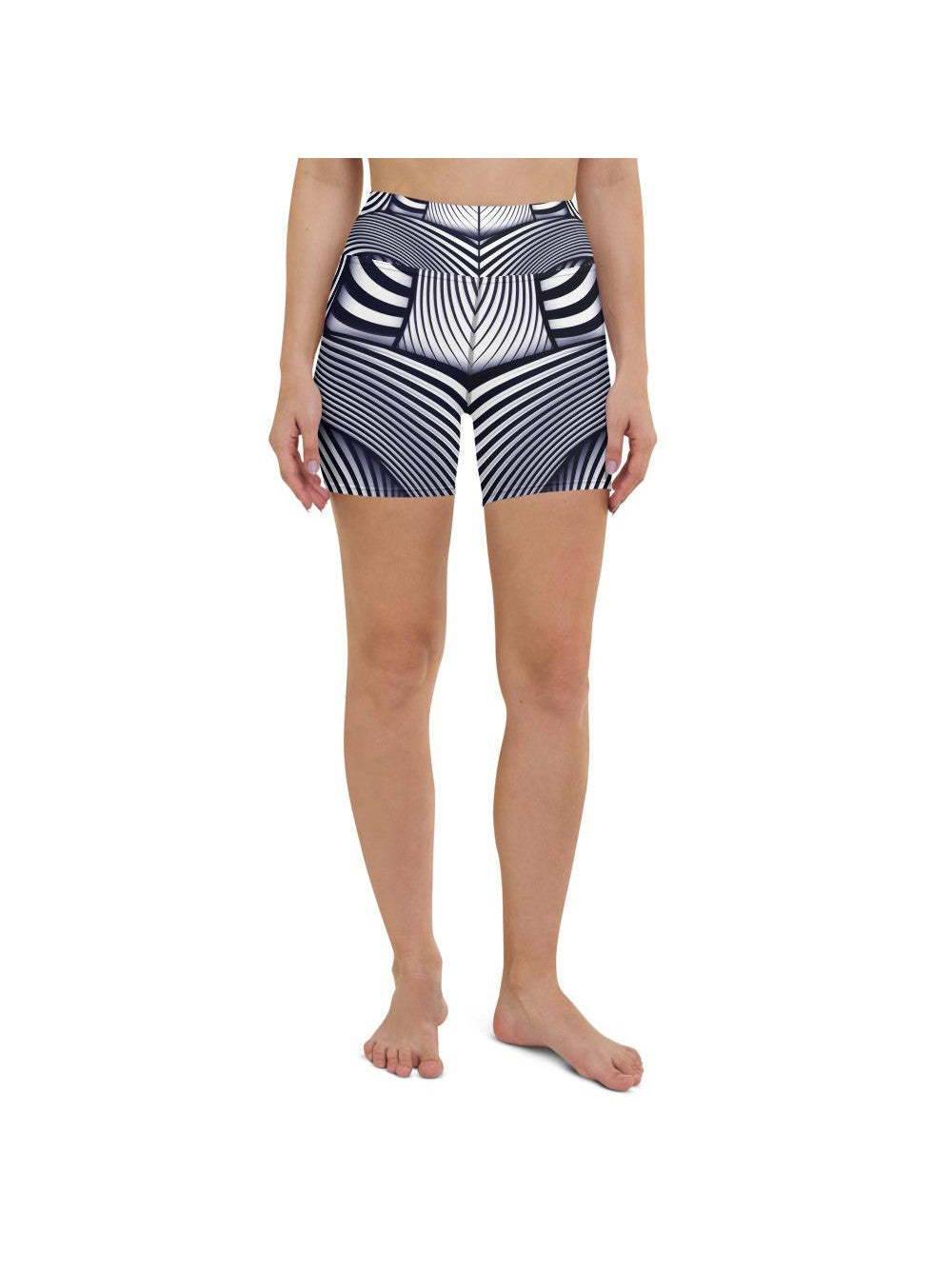 Yoga Shorts - Womens Yoga Shorts Optical Illusion Stripes Blue/White/Navy | Gearbunch.com