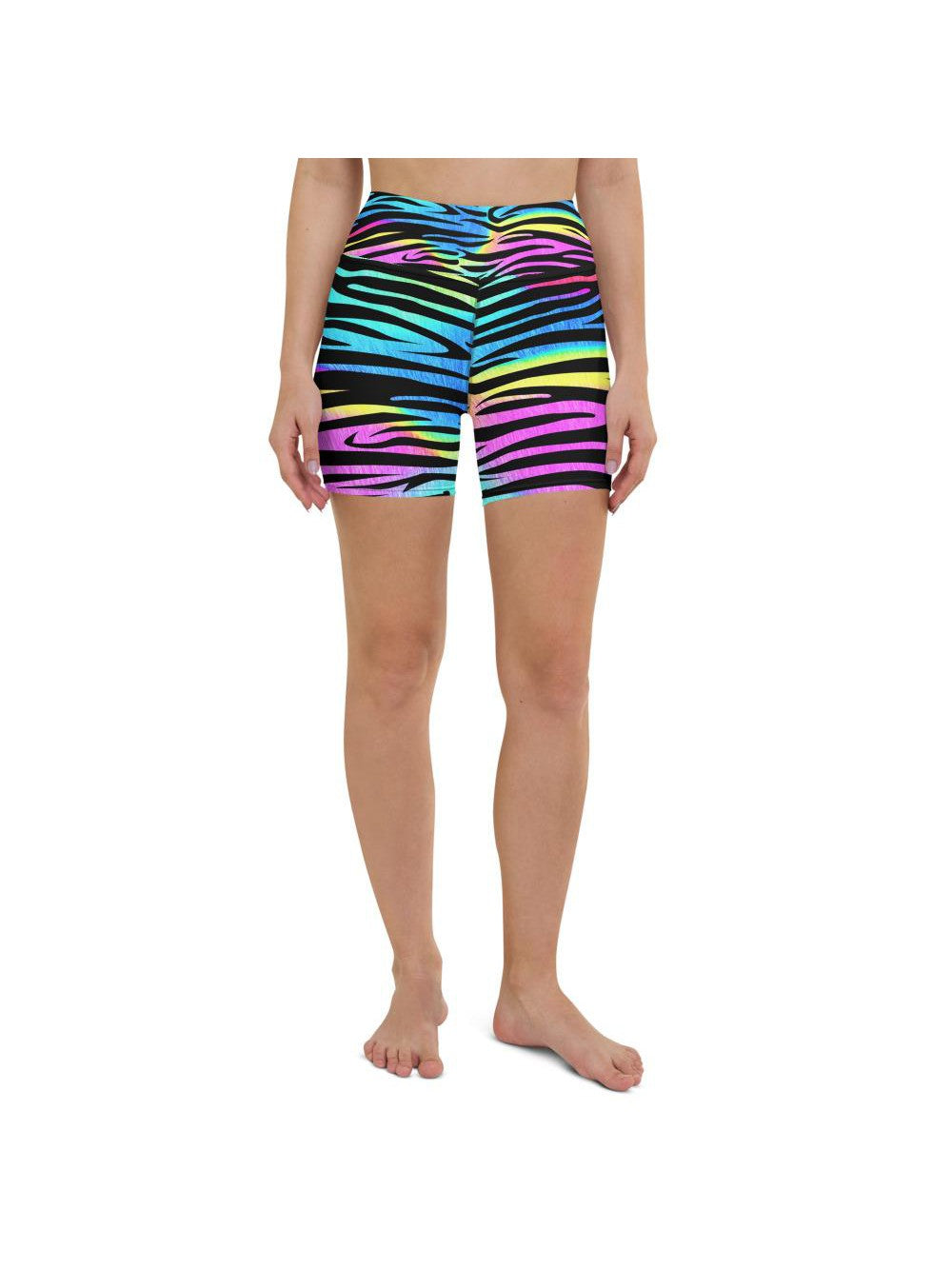 Womens Yoga Shorts Colorful Zebra Striped Rainbow | Gearbunch.com