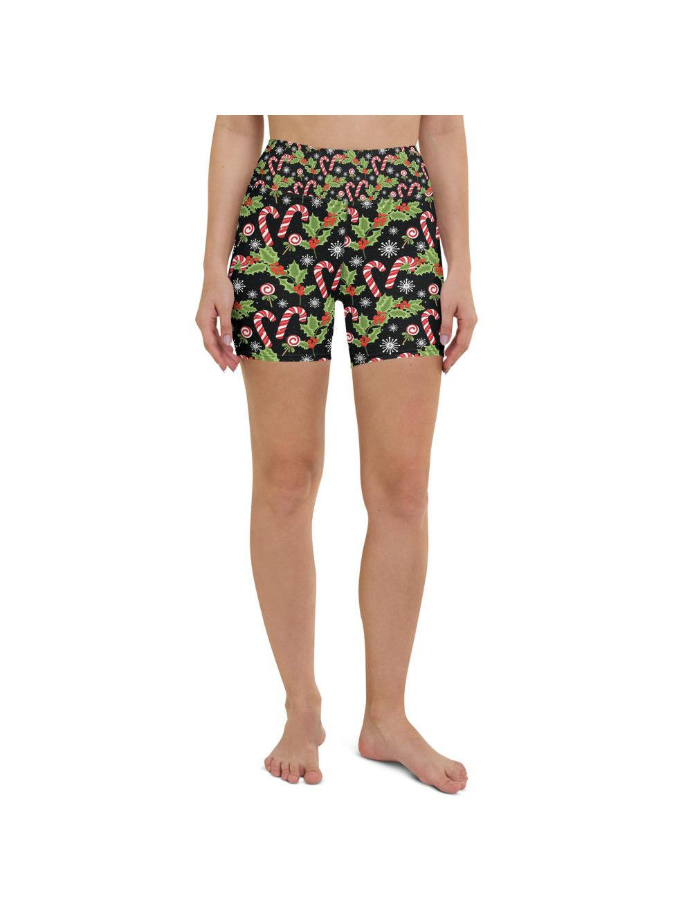 Womens Yoga Shorts Holly Leaves with Berries Black/Red | Gearbunch.com