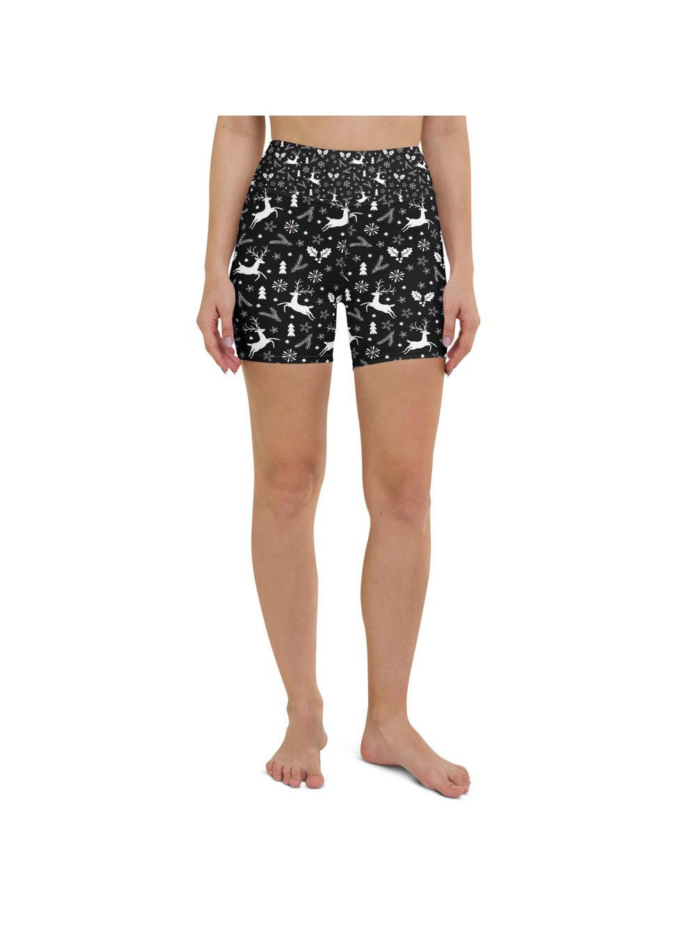 Womens Yoga Shorts Black Reindeer Christmas White/Grey | Gearbunch.com