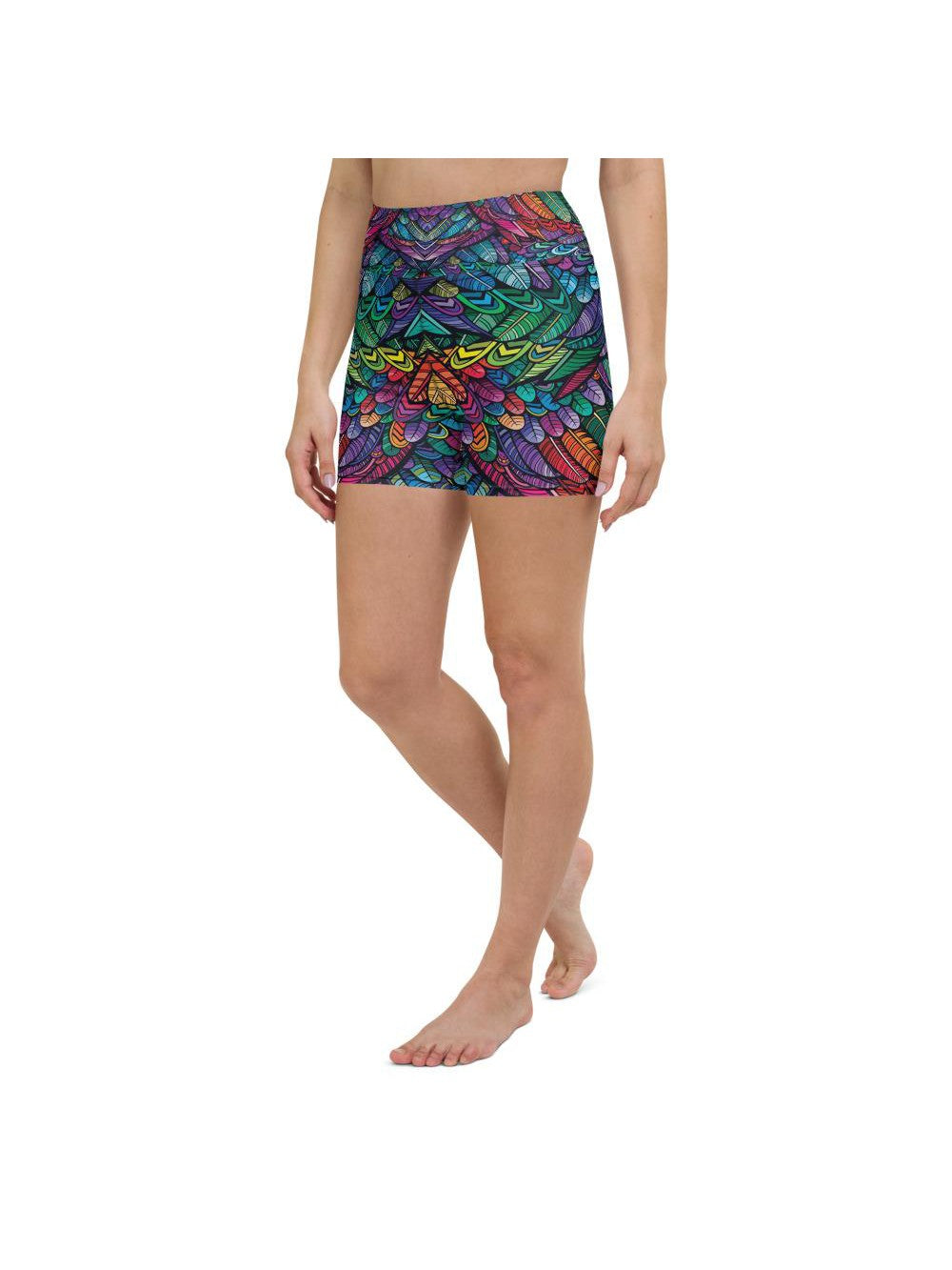 Womens Yoga Shorts Colorful Feathers Green/Purple/Red | Gearbunch.com