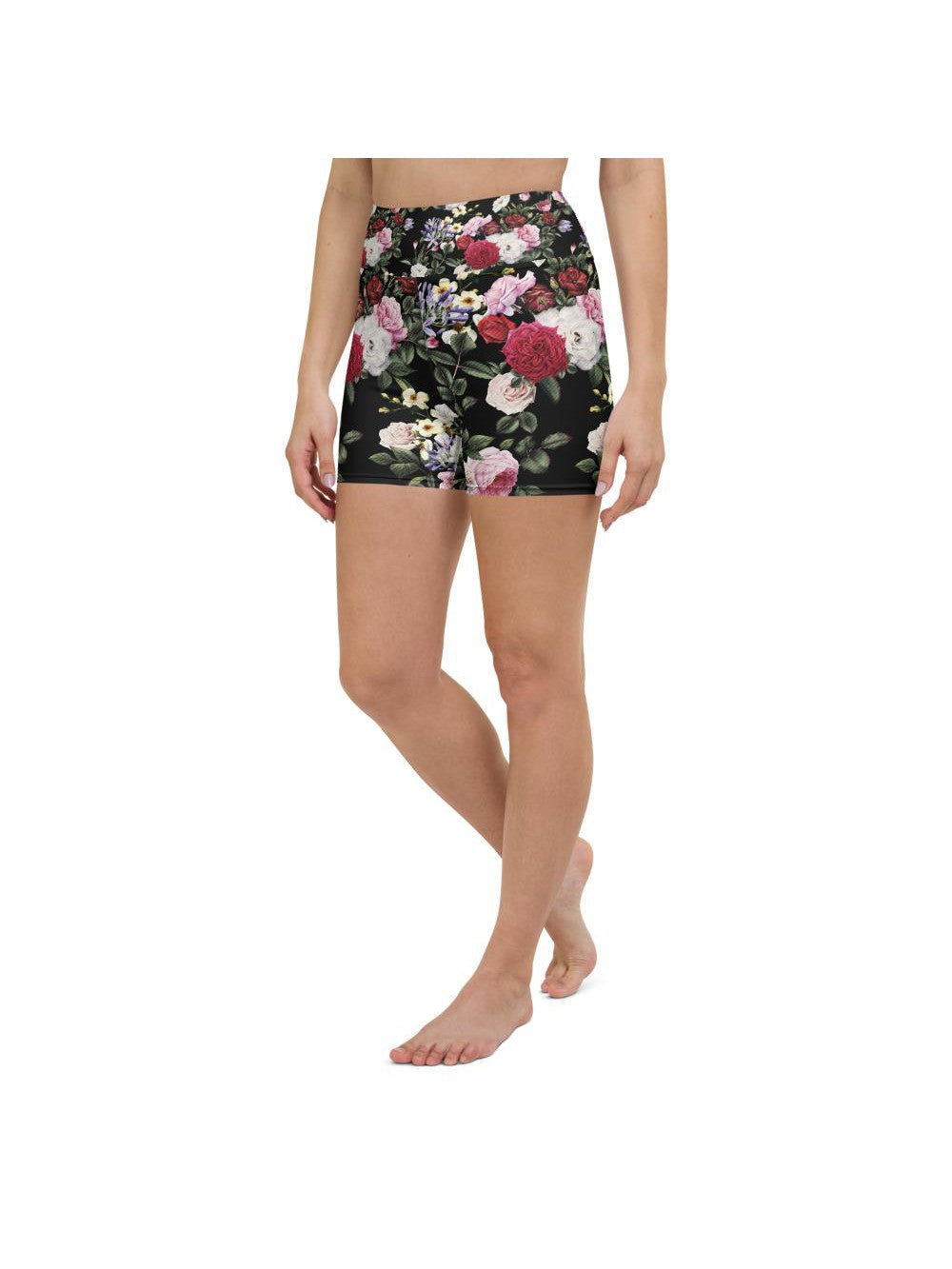 Womens Yoga Shorts Colorful Roses Black/White/Pink | Gearbunch.com