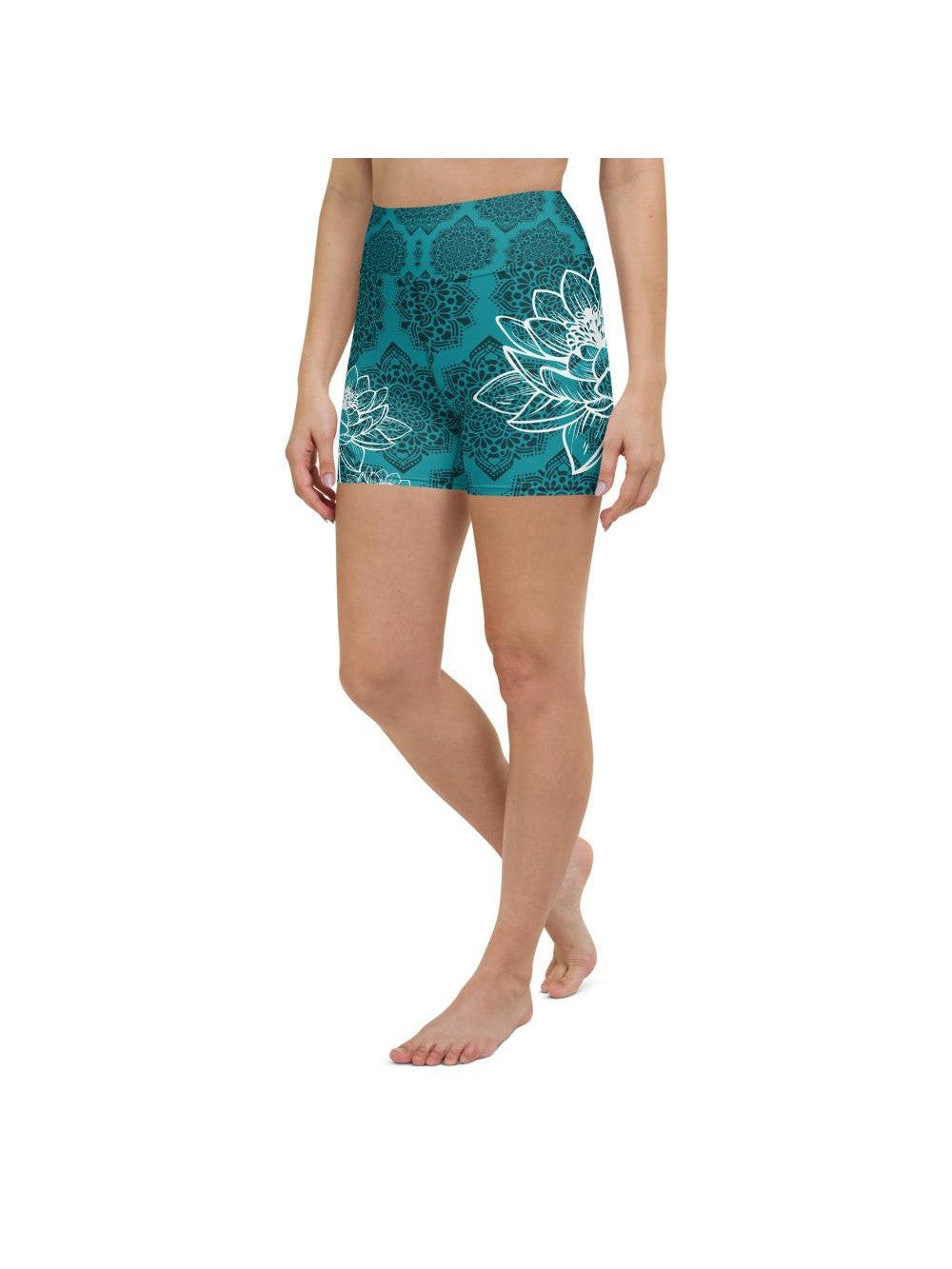 Womens Yoga Shorts Cyan Blue Lotus Blue/Black/White | Gearbunch.com