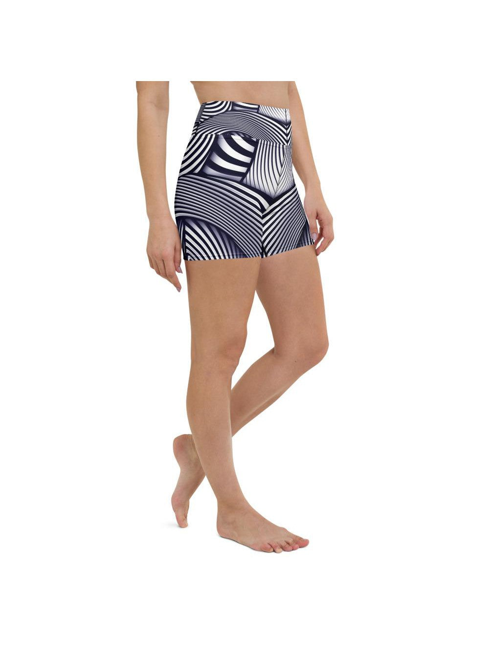 Yoga Shorts - Womens Yoga Shorts Optical Illusion Stripes Blue/White/Navy | Gearbunch.com