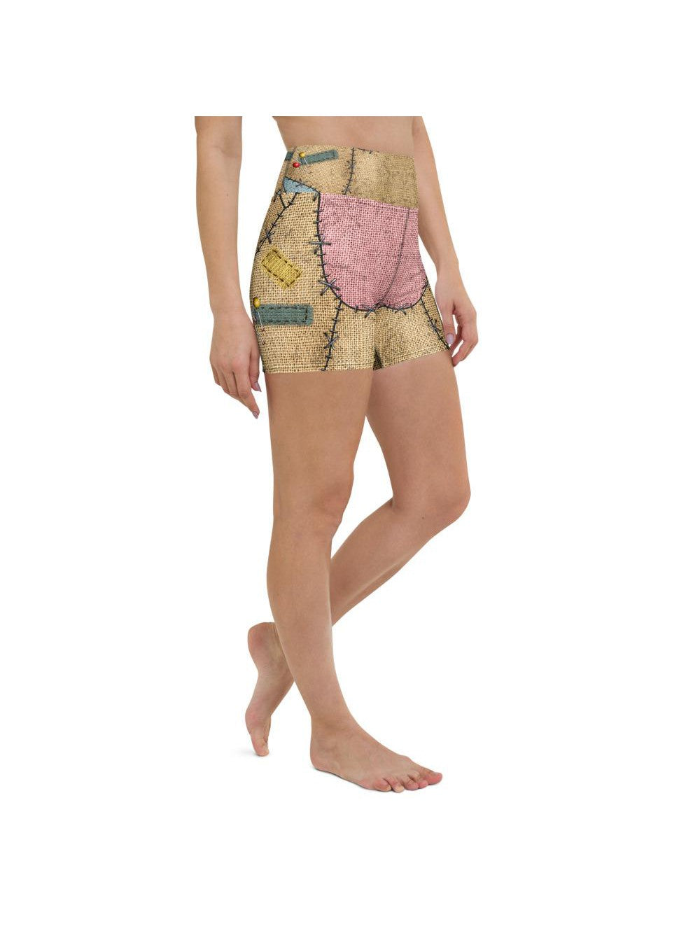 Womens Yoga Shorts Voodoo Doll Patch Brown/Blue/Pink | Gearbunch.com