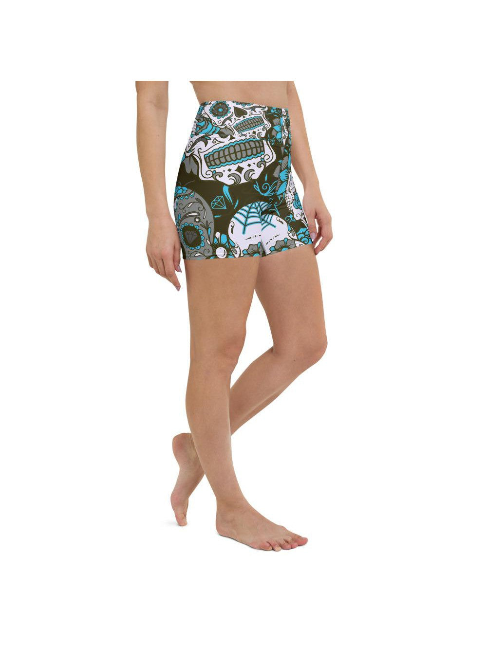 Women Yoga Shorts Sky Blue Sugar Skull Grey/Blue/White | Gearbunch.com