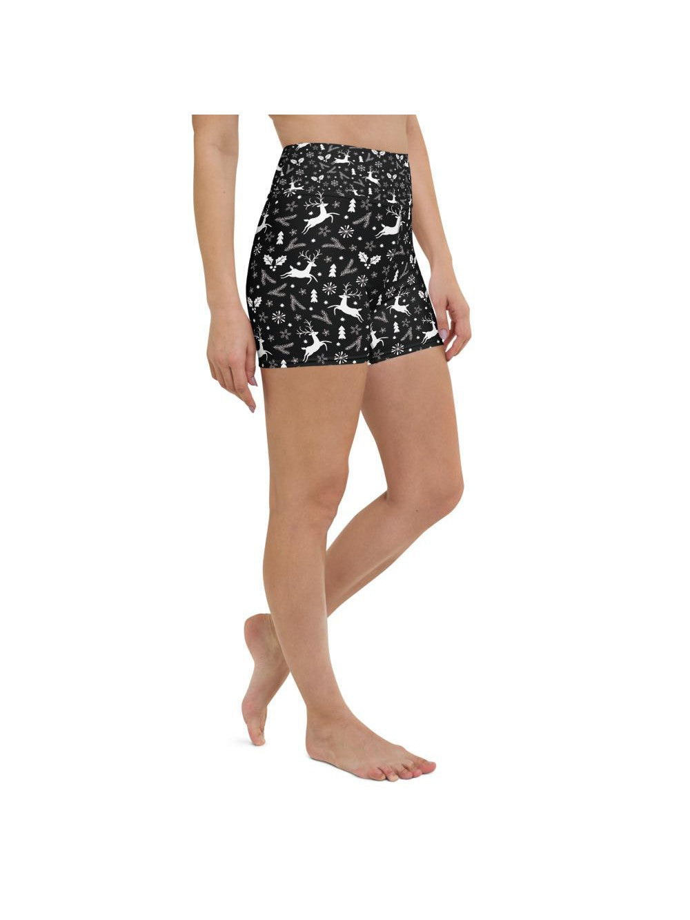Womens Yoga Shorts Black Reindeer Christmas White/Grey | Gearbunch.com