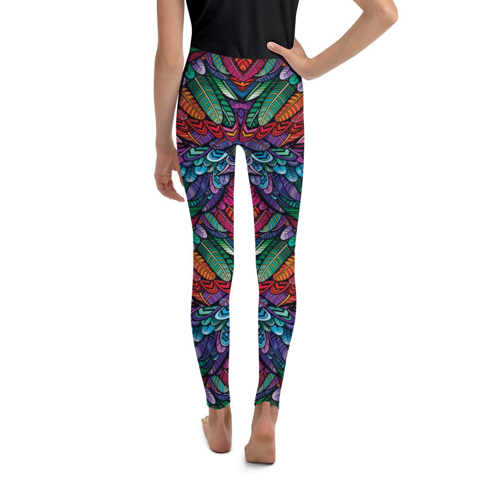 Youth Colorful Feathers Leggings Green/Blue/Purple | Gearbunch.com