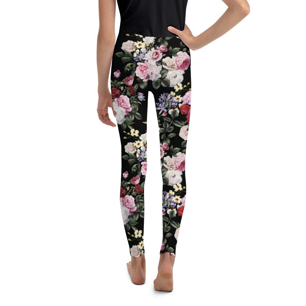 Youth Colorful Roses Leggings Black/Pink/White | Gearbunch.com