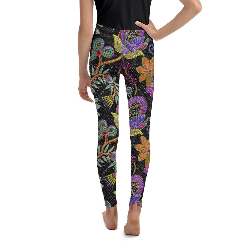 Youth Faux Paillette Flower Leggings Grey/Green/Orange | Gearbunch.com