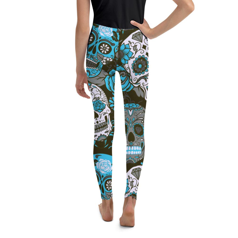 Youth Sky Blue Sugar Skull Leggings Blue/White/Grey | Gearbunch.com