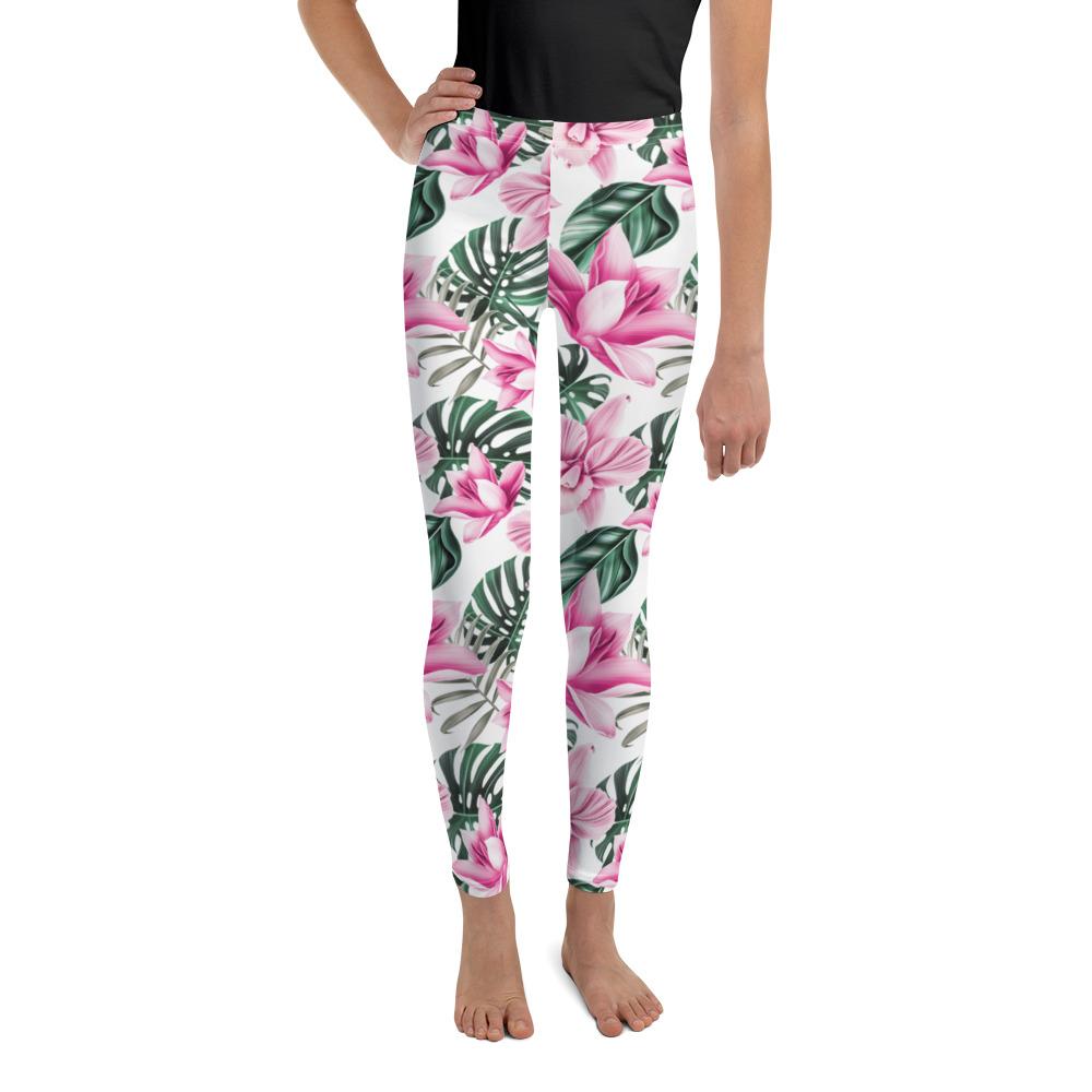 Tropical Floral White Youth Leggings Gearbunch