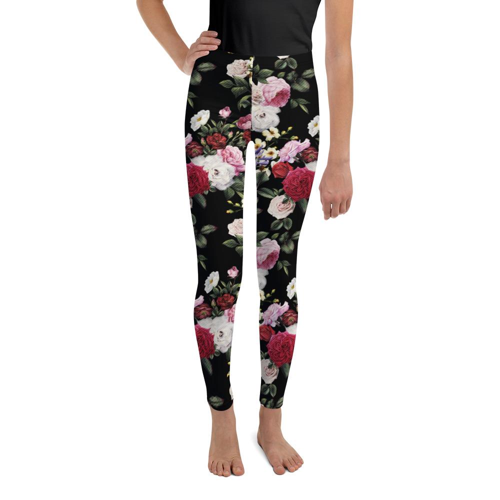 Youth Colorful Roses Leggings Black/Pink/White | Gearbunch.com
