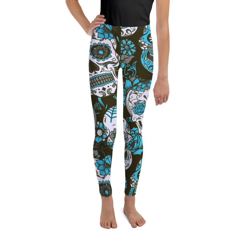 Youth Sky Blue Sugar Skull Leggings Blue/White/Grey | Gearbunch.com