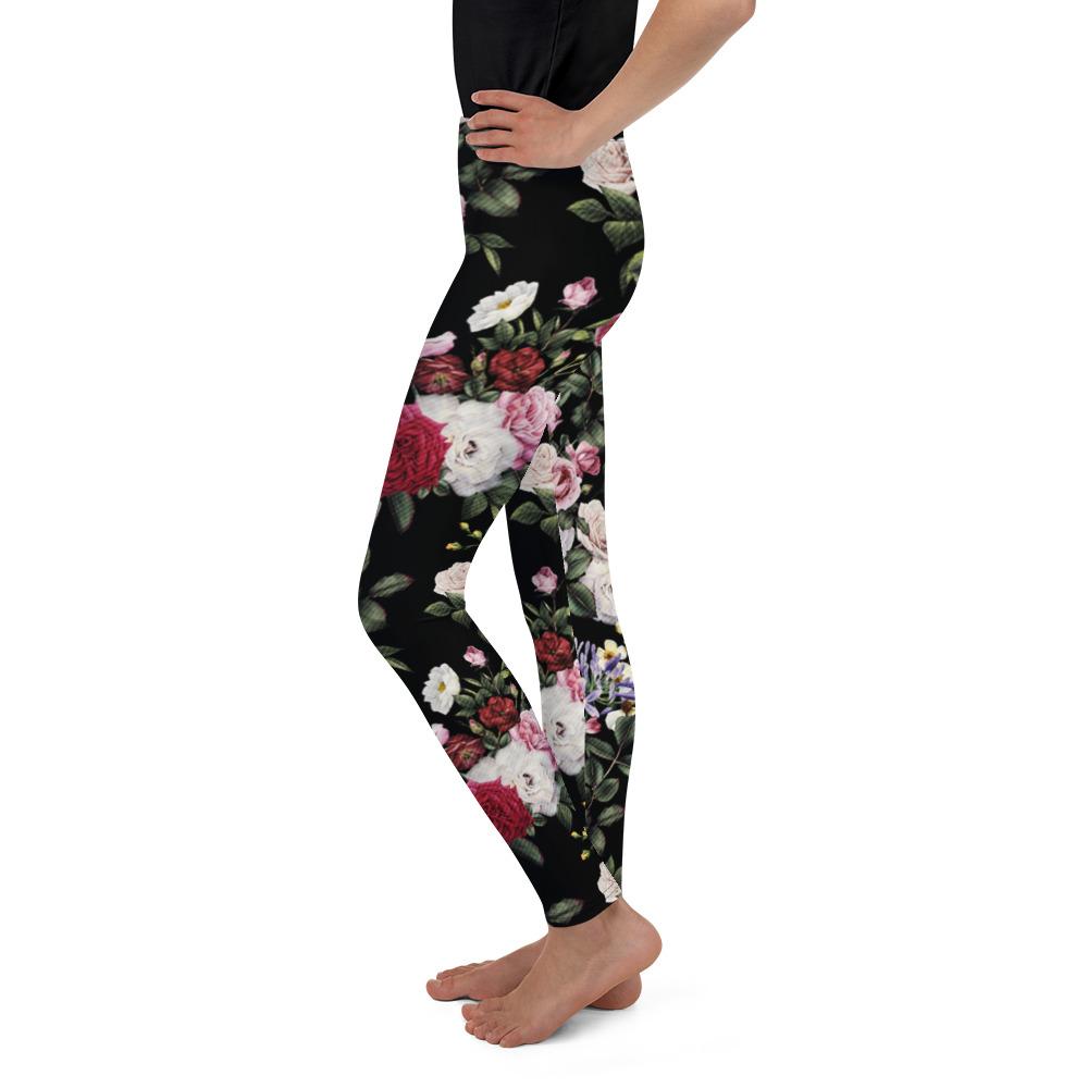 Youth Colorful Roses Leggings Black/Pink/White  | Gearbunch.com