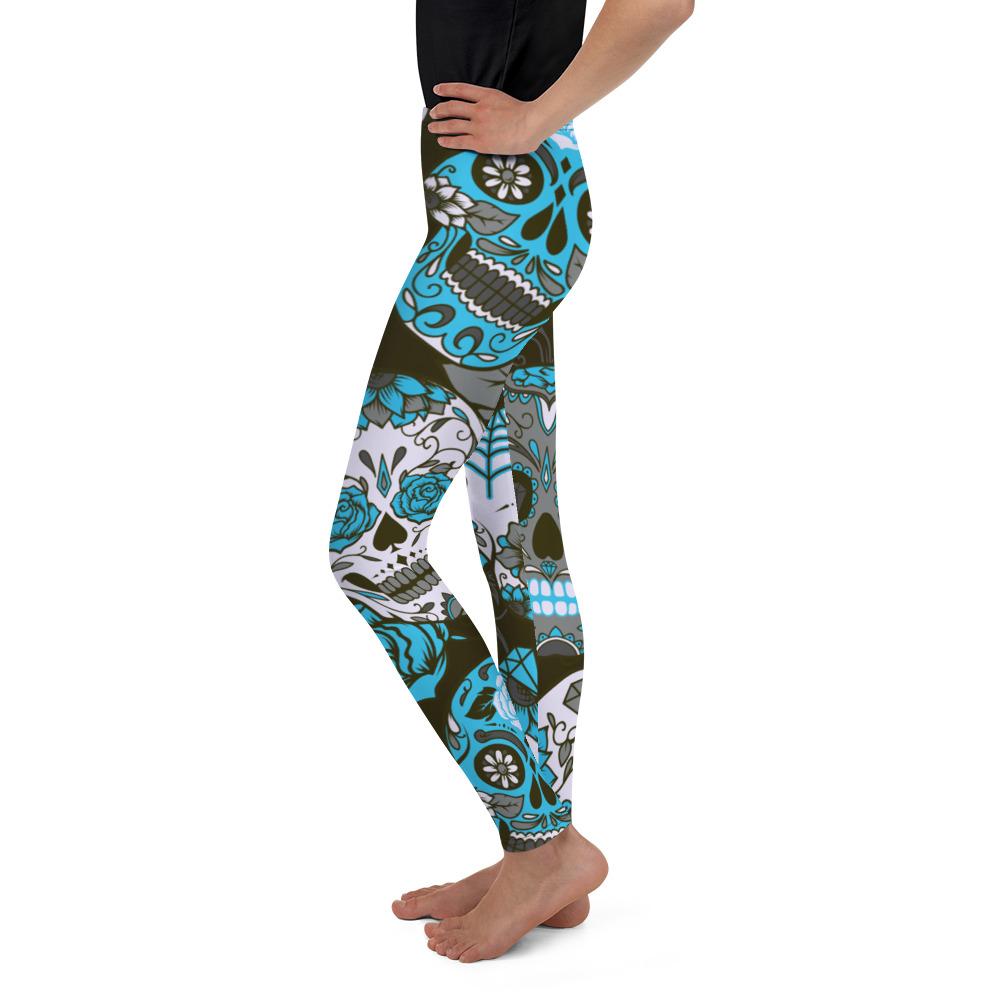 Youth Sky Blue Sugar Skull Leggings Blue/White/Grey | Gearbunch.com