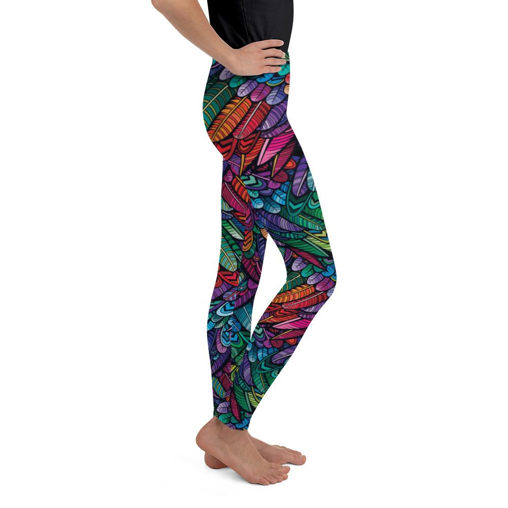 Youth Colorful Feathers Leggings Green/Blue/Purple | Gearbunch.com
