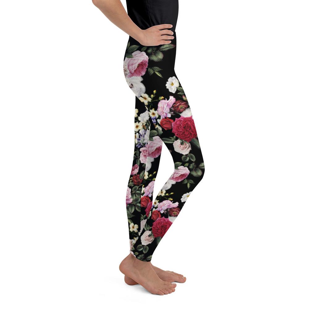 Youth Colorful Roses Leggings Black/Pink/White | Gearbunch.com