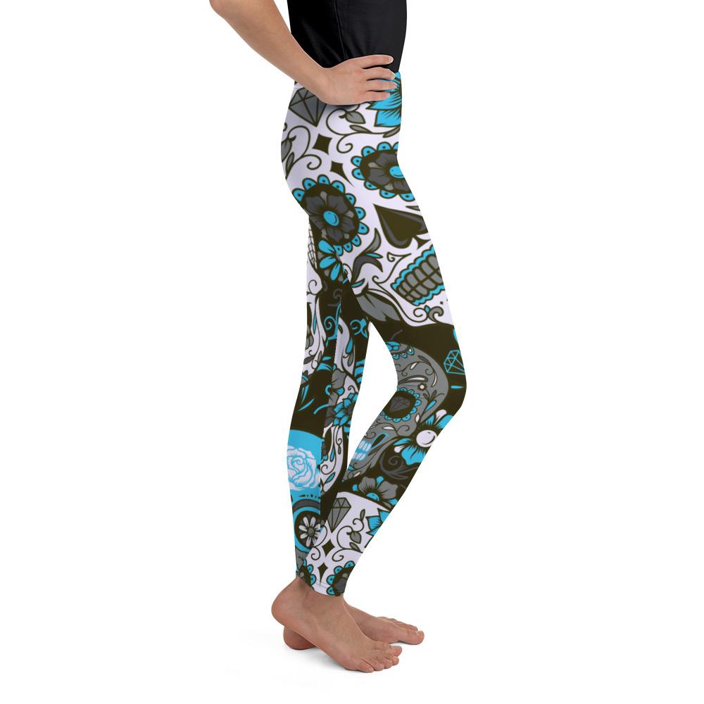 Youth Sky Blue Sugar Skull Leggings Blue/White/Grey | Gearbunch.com