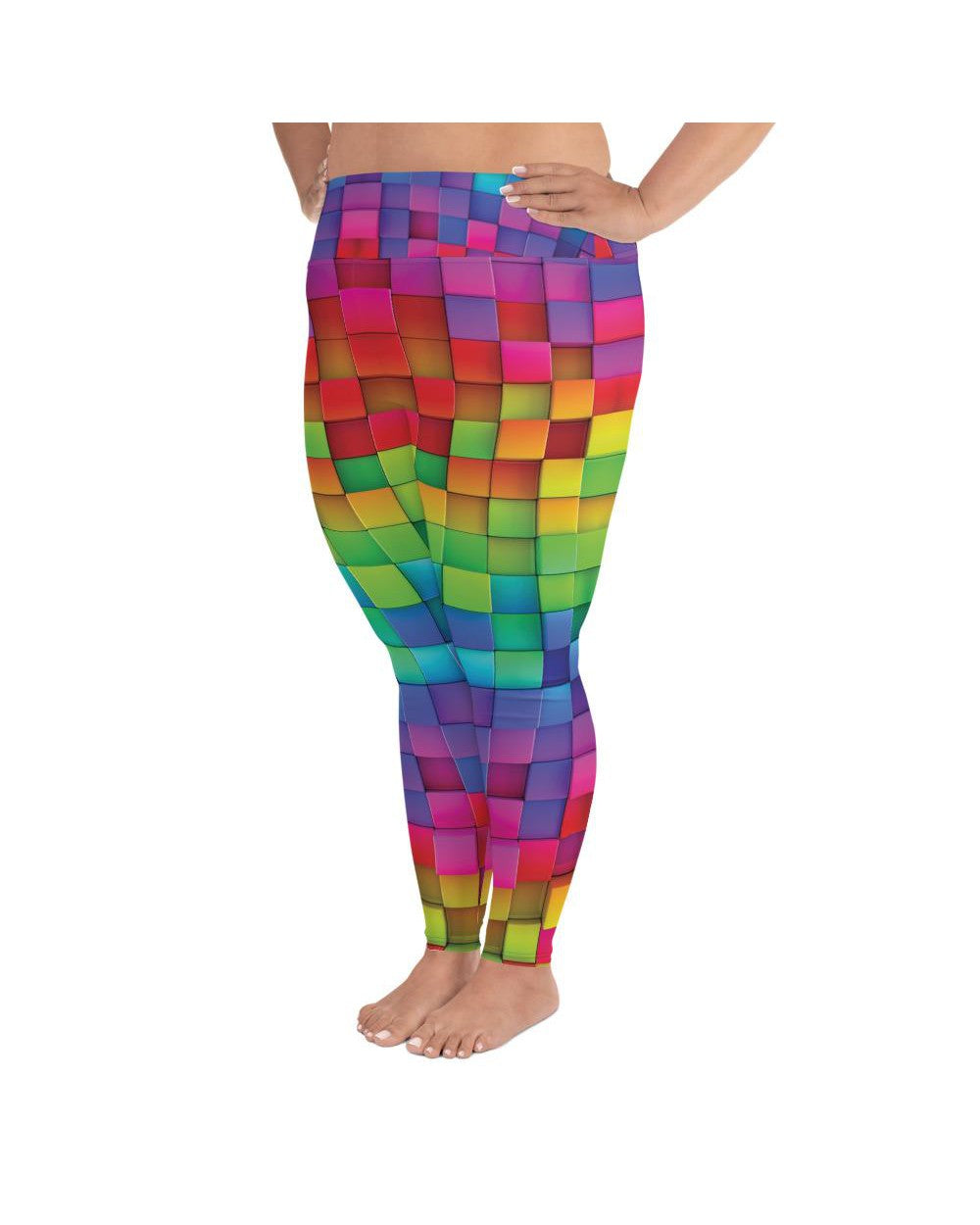 Women's rainbow blocks patterned plus size leggings front view