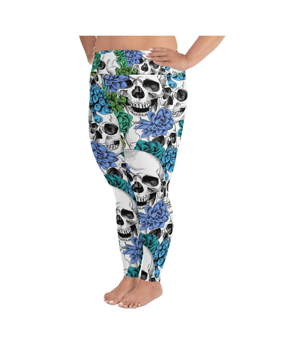 Women's blue floral skulls printed leggings front view