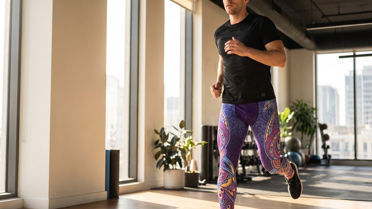 Lifestyle image of a model wearing Ornamental Peacock Meggings from GearBunch