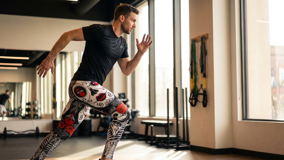 Lifestyle image of a model wearing Skeleton Sugar Skull Meggings from GearBunch