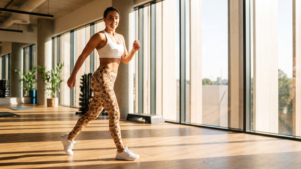 Lifestyle image of a model wearing Jerusalem Stone Mosaic Leggings from GearBunch