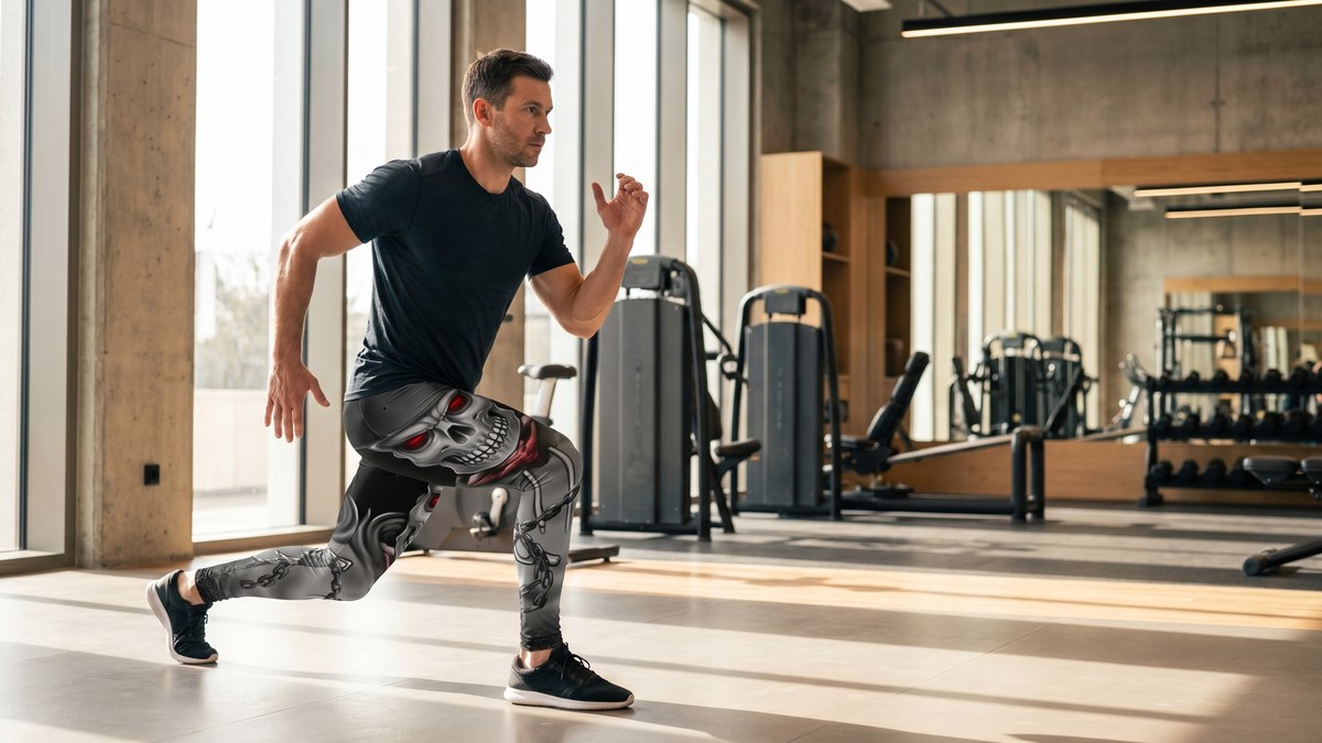 Lifestyle image of a model wearing Evil Skeleton Meggings from GearBunch