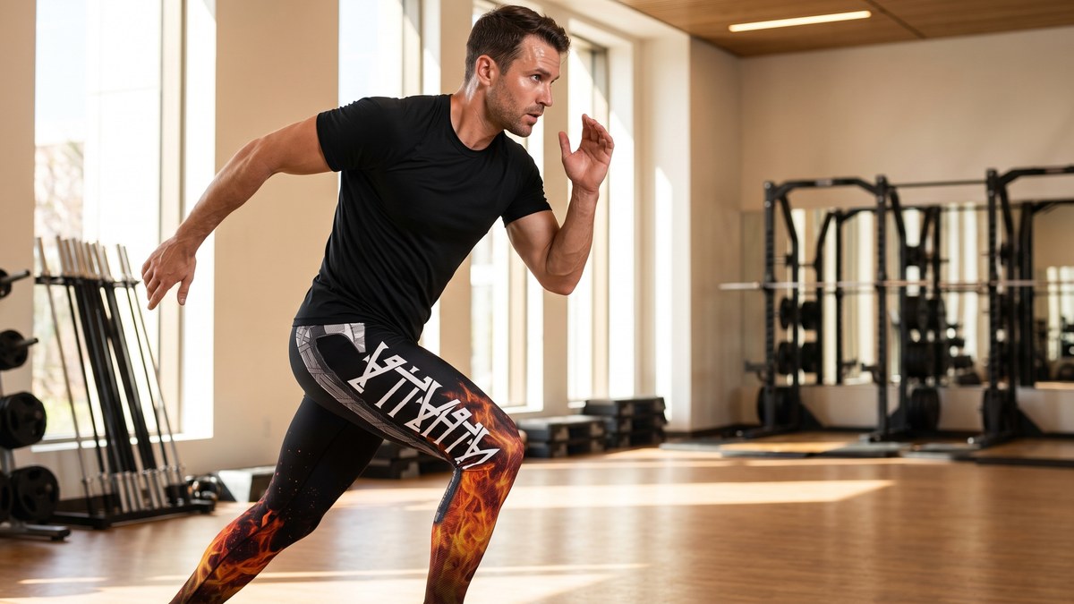 Lifestyle image of a model wearing Vikings Valhalla Leggings from GearBunch
