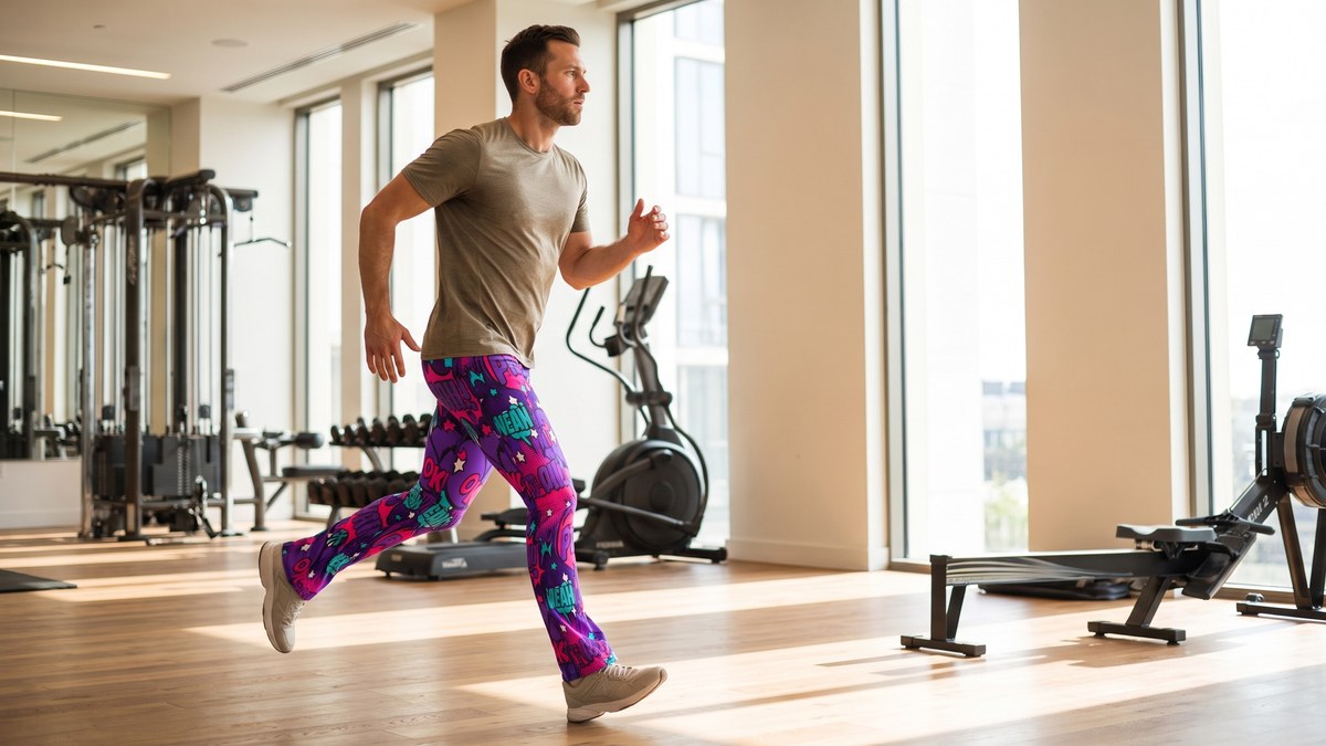Lifestyle image of a model wearing Comic Pop Galaxy Purple Flare Leggings from GearBunch