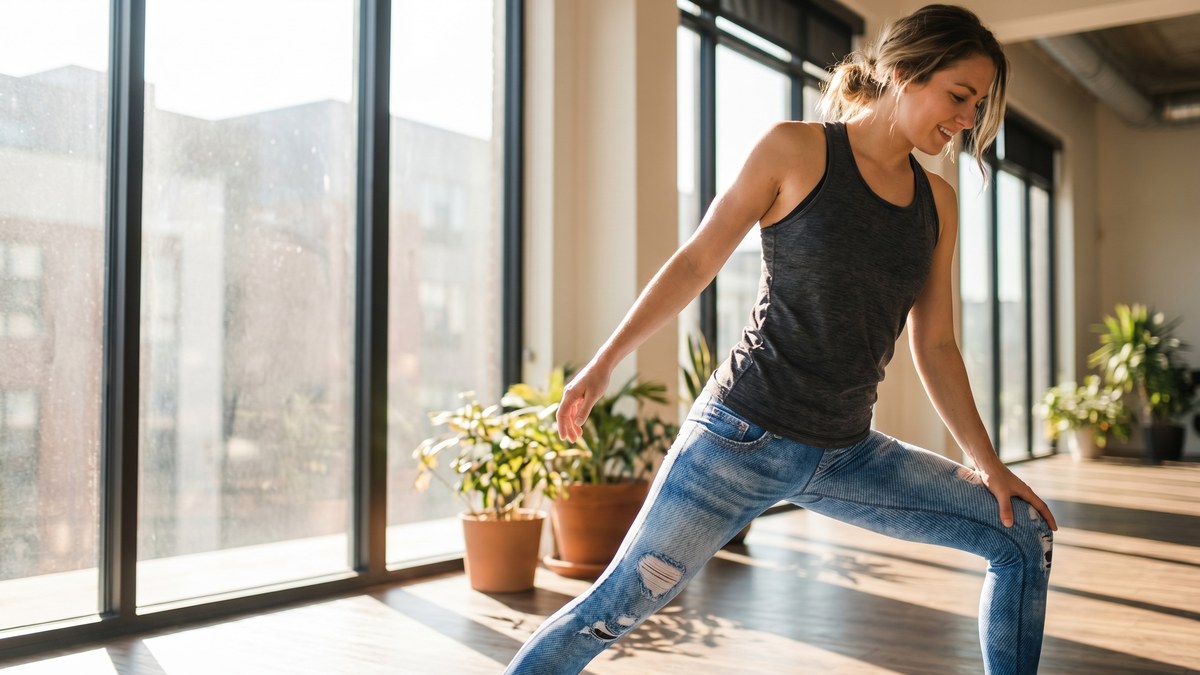 Lifestyle image of a model wearing Realistic Jeans Leggings from GearBunch
