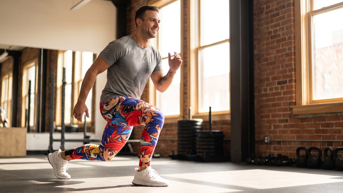Lifestyle image of a model wearing Anime Collage Street Fighter Meggings from GearBunch