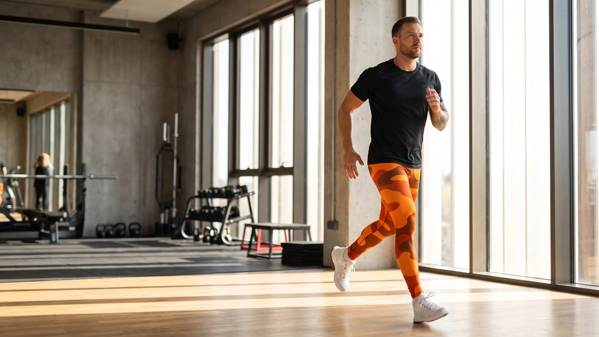 Lifestyle image of a model wearing Burnt Orange Camo Meggings from GearBunch