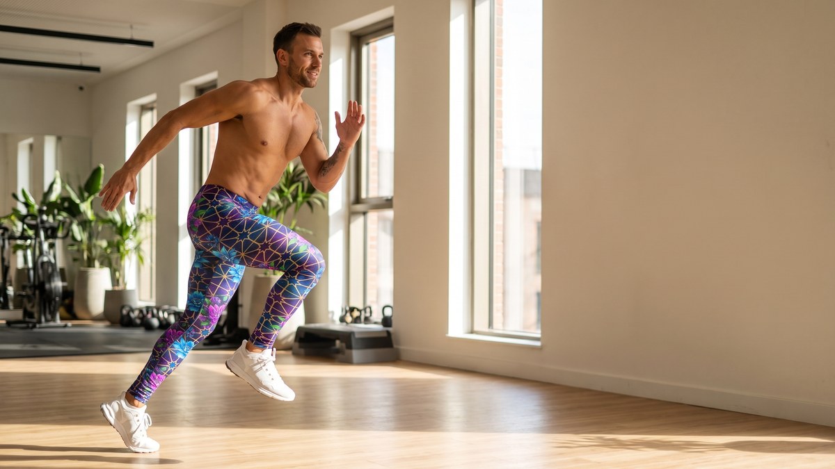 Lifestyle image of a model wearing Arabic Galaxy Midnight Meggings from GearBunch