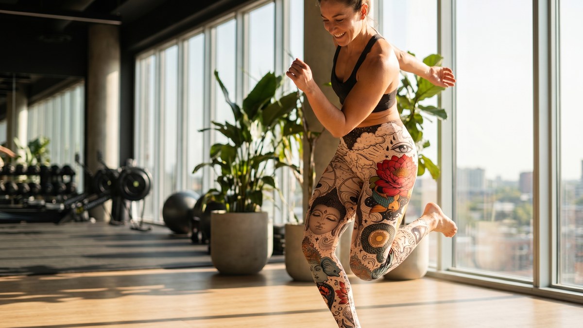 Lifestyle image of a model wearing Tattooed Lotus Leggings from GearBunch