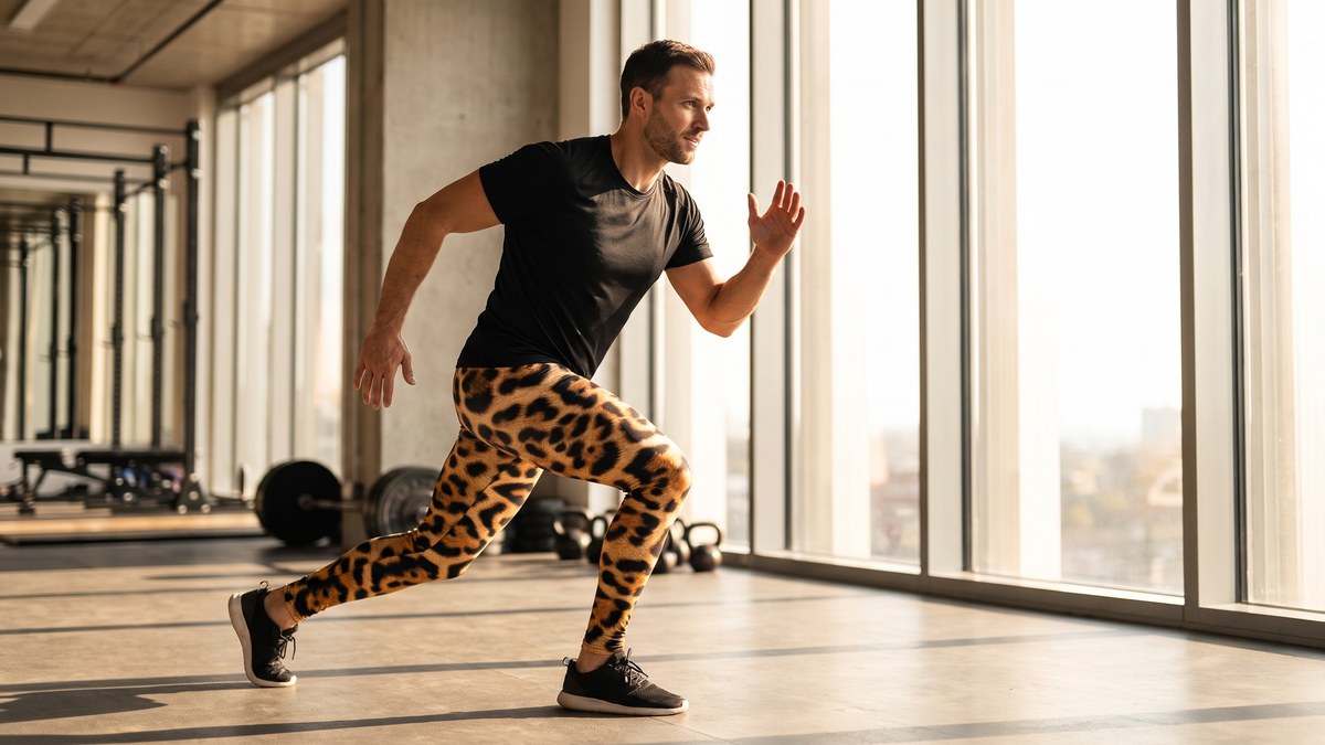 Lifestyle image of a model wearing Leopard Skin Meggings from GearBunch