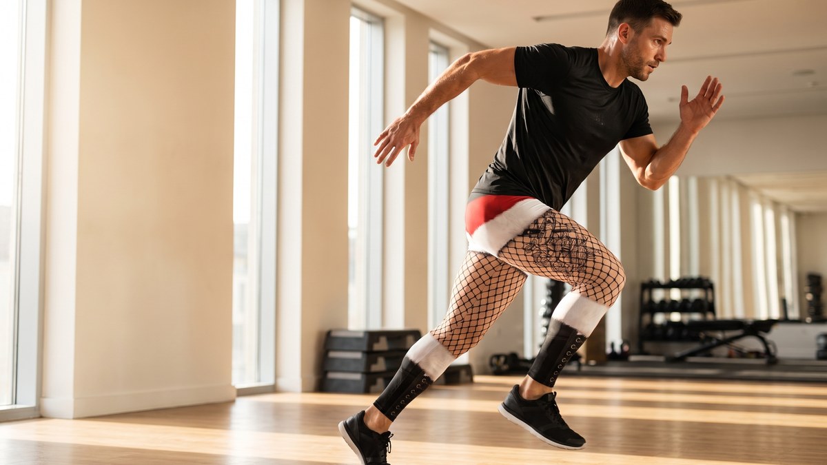 Lifestyle image of a model wearing Santa's Shorts and Fishnet Tights Leggings from GearBunch