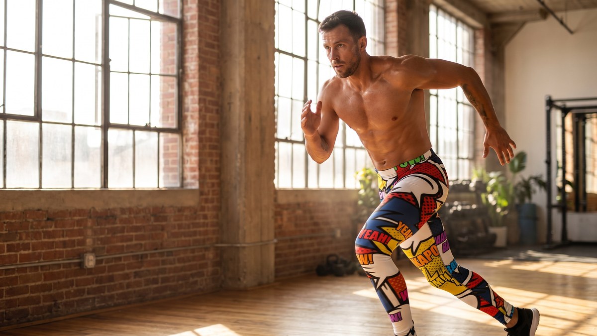 Lifestyle image of a model wearing Comic Strip Thunder Punch Meggings from GearBunch